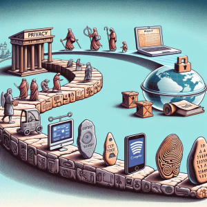 Illustration showing the evolution of privacy from ancient times to the digital age.