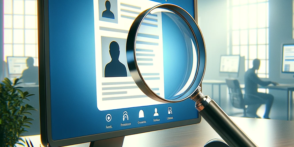 The Quest for Online Privacy A magnifying glass over a computer screen displaying a profile page, in a modern office setting.