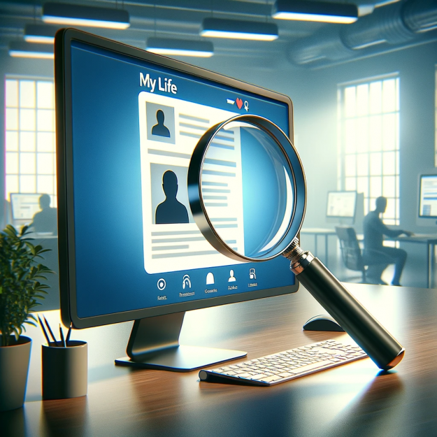 The Quest for Online Privacy A magnifying glass over a computer screen displaying a profile page, in a modern office setting.