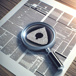 Magnifying glass scrutinizing a printed document.