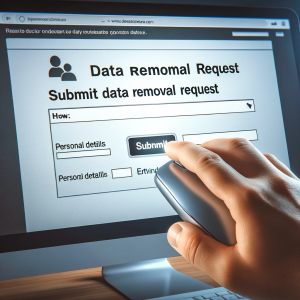 User's hand clicking 'Submit' on a data removal request form online.