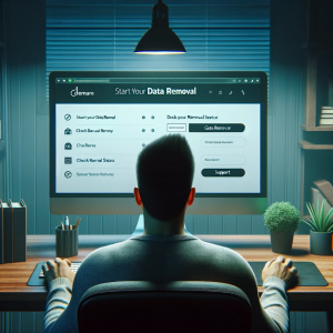 Person at a home office desk using a data removal service website on a computer.