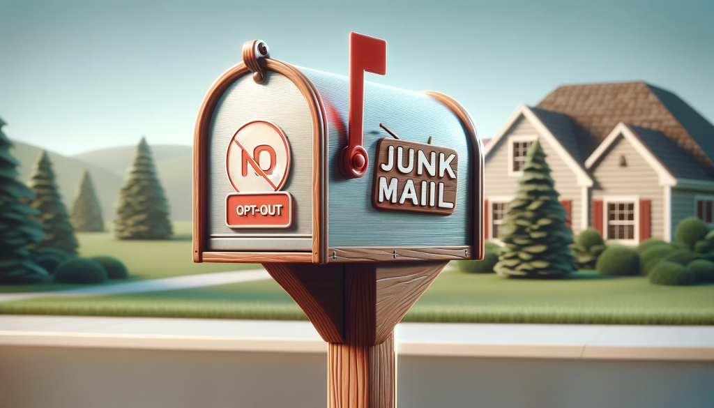 Closed mailbox with a 'No Junk Mail' sign in a suburban setting.