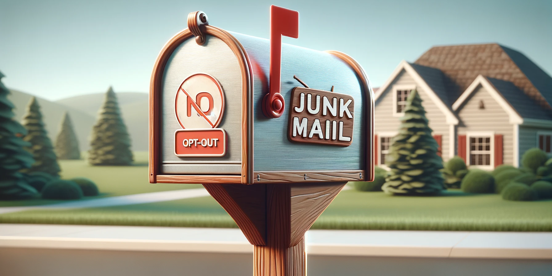 No More Junk Mail: Opt-Out Successfully. Closed mailbox with a 'No Junk Mail' sign in a suburban setting.