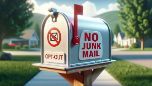 Mailbox with a 'No Junk Mail' sign at sunset in a suburban area.