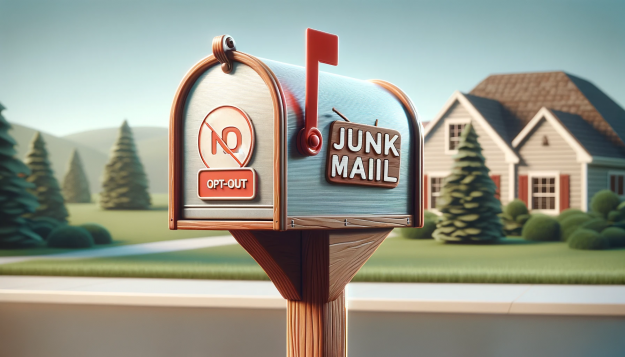 No More Junk Mail: Opt-Out Successfully. Closed mailbox with a 'No Junk Mail' sign in a suburban setting.