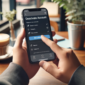 Person's hand holding a phone with a screen showing the 'Deactivate Account' option on a social media app.