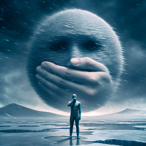 Image of a person silenced in a cold landscape, symbolizing censorship.