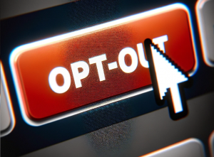 Hand pressing a large red 'Opt-Out' button on a digital service choices form.