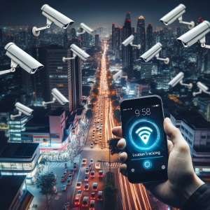 Urban landscape with surveillance cameras and a person's smartphone showing 'Location Tracking'.