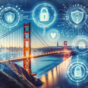 Golden Gate Bridge with digital security symbols.