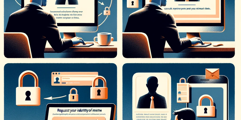 A visual guide showing steps to remove one's identity from the internet, including searching for personal information, filling out data removal forms, securing social media, contacting service providers, and confirming data removal.