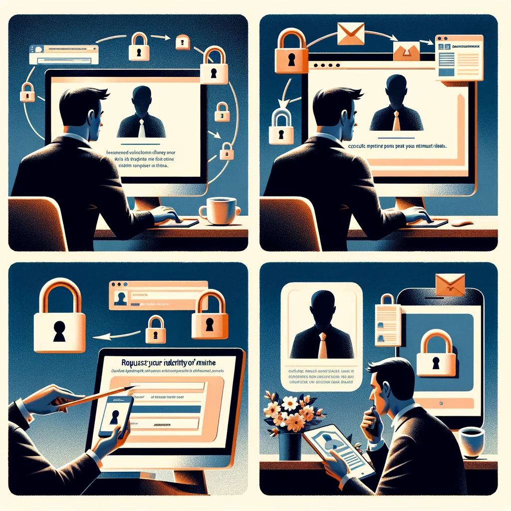 A visual guide showing steps to remove one's identity from the internet, including searching for personal information, filling out data removal forms, securing social media, contacting service providers, and confirming data removal.