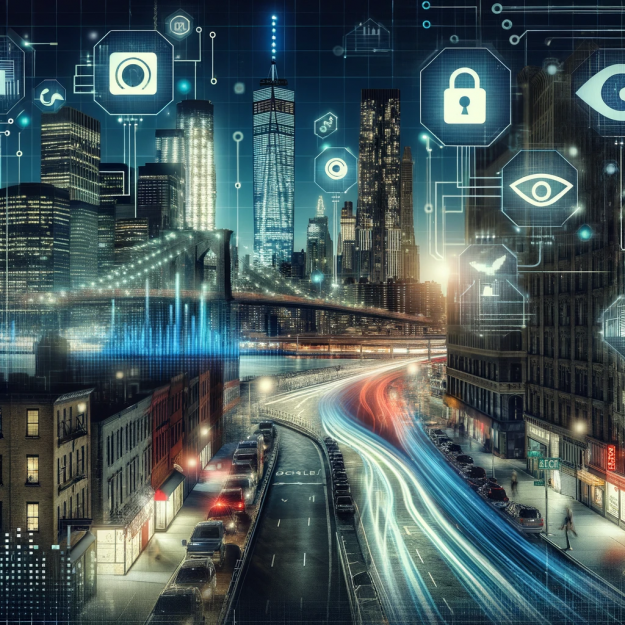 Digital illustration of New York City skyline with data privacy icons.
