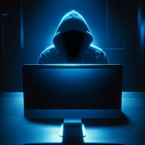 Anonymous figure behind glowing computer screen