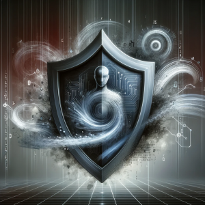 A shield encompassing a human figure, surrounded by digital streams and codes, symbolizing data privacy and protection.