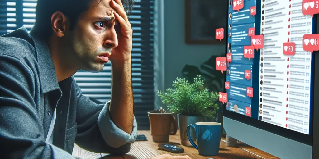 Person looking worried at computer with social media notifications