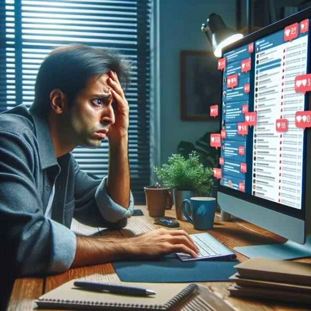 Person looking worried at computer with social media notifications