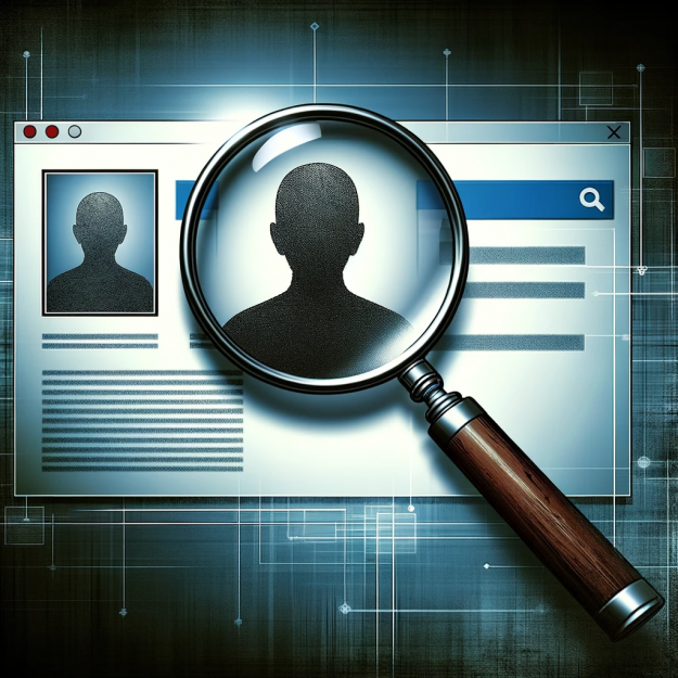 Online Information Under Magnifying Glass. A magnifying glass over a computer screen showing a user profile.