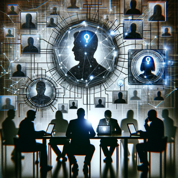 The Hidden Network of Data Brokers Abstract digital collage representing data brokers and personal information exchange.