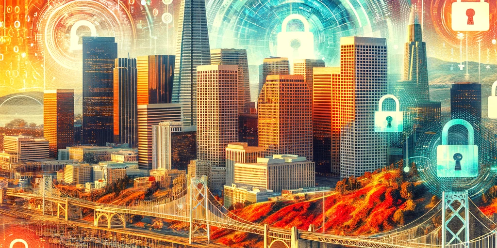 Collage of California cities with digital privacy symbols.