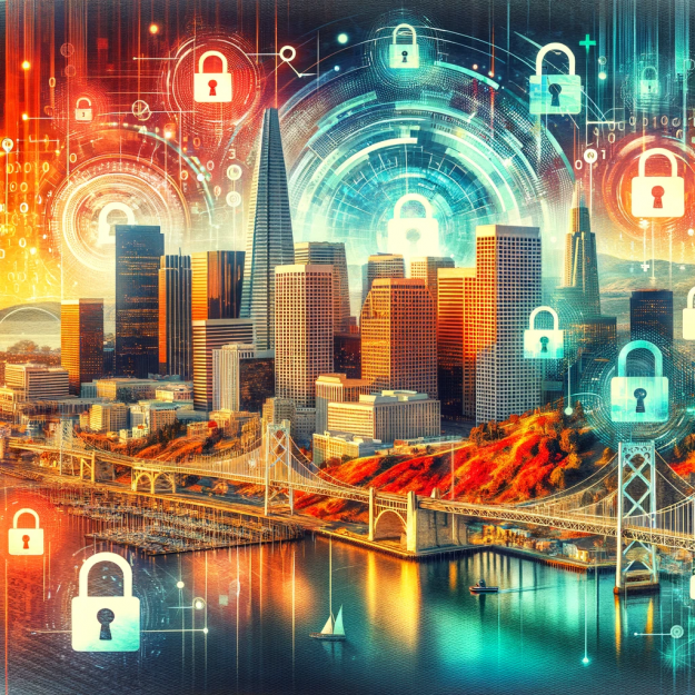 Collage of California cities with digital privacy symbols.