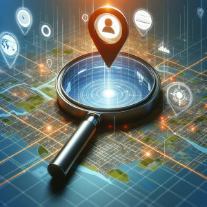 Magnifying glass over a digital map showing data analysis.