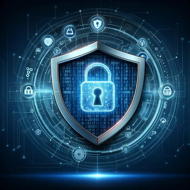 Digital Privacy Shield Safeguarding Online Information An illustration of a digital privacy shield, featuring a central lock icon encircled by digital code patterns, set against a gradient background transitioning from dark blue to light blue, symbolizing advanced online security and data protection.