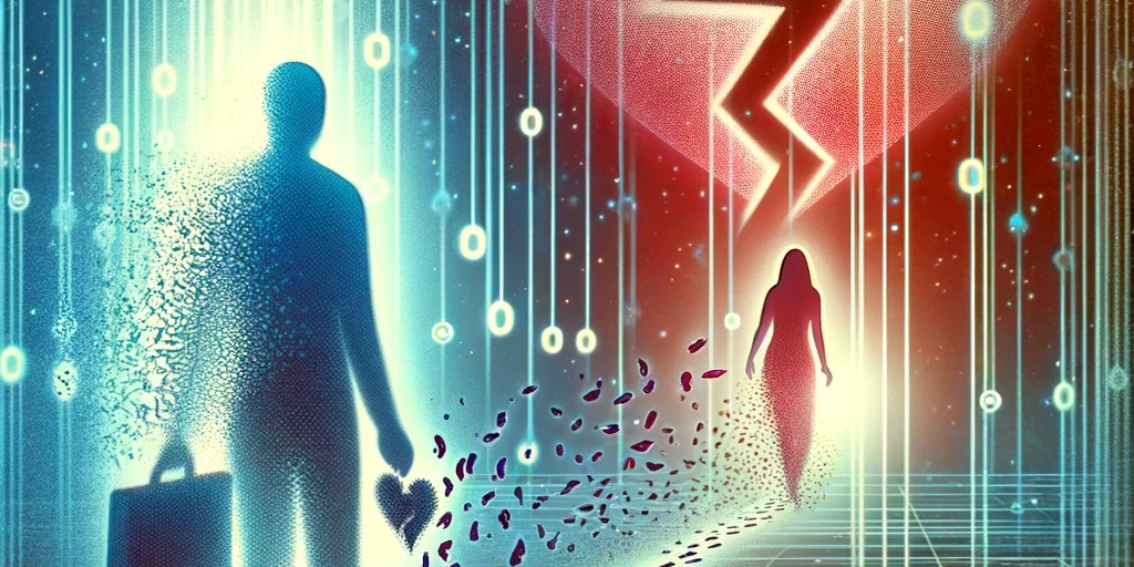 Erasing Digital Memories The Path to Privacy An abstract image of a person erasing their digital trail from a broken heart, set against a backdrop of digital code, representing the removal of an ex-spouse's information online.