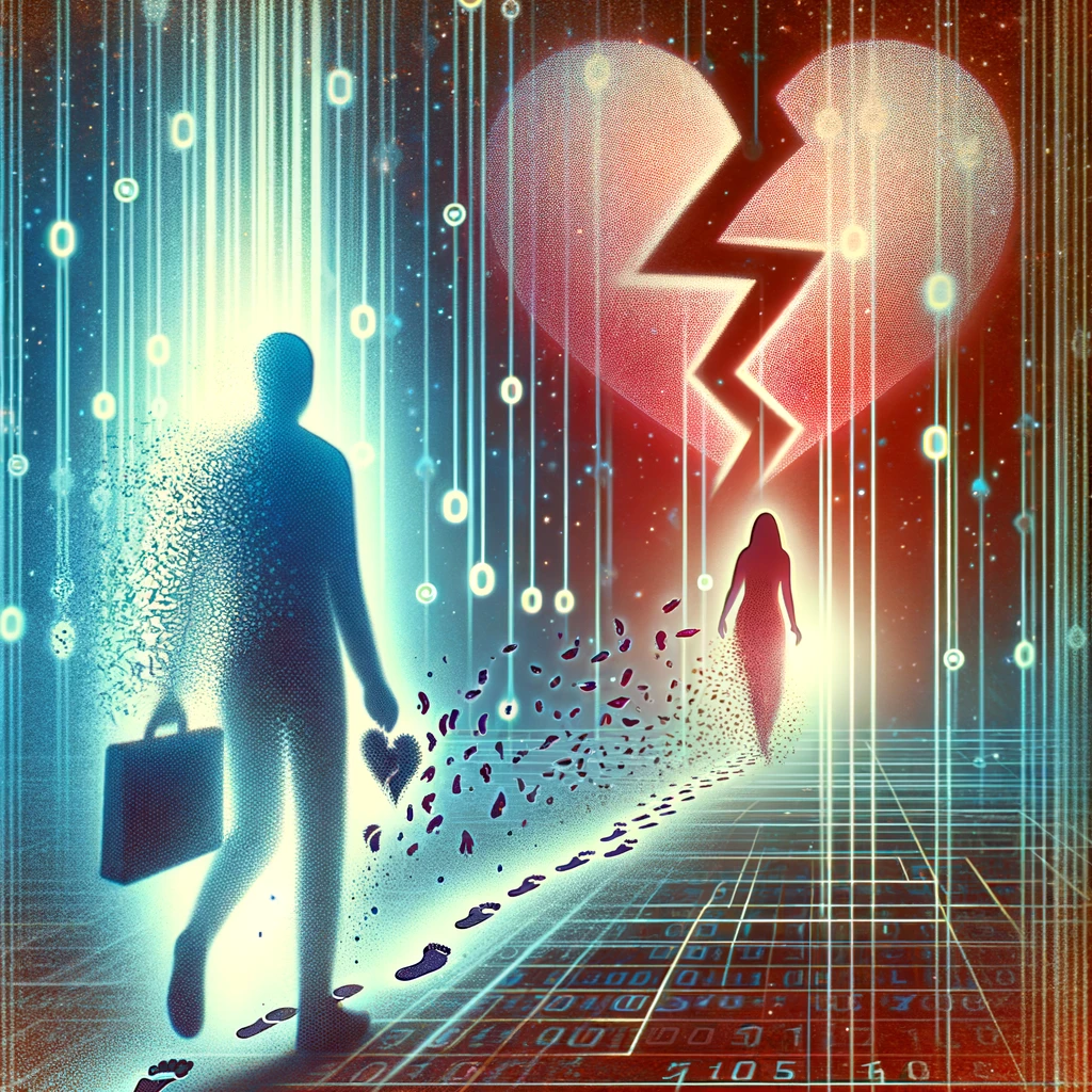 An abstract image of a person erasing their digital trail from a broken heart, set against a backdrop of digital code, representing the removal of an ex-spouse's information online.