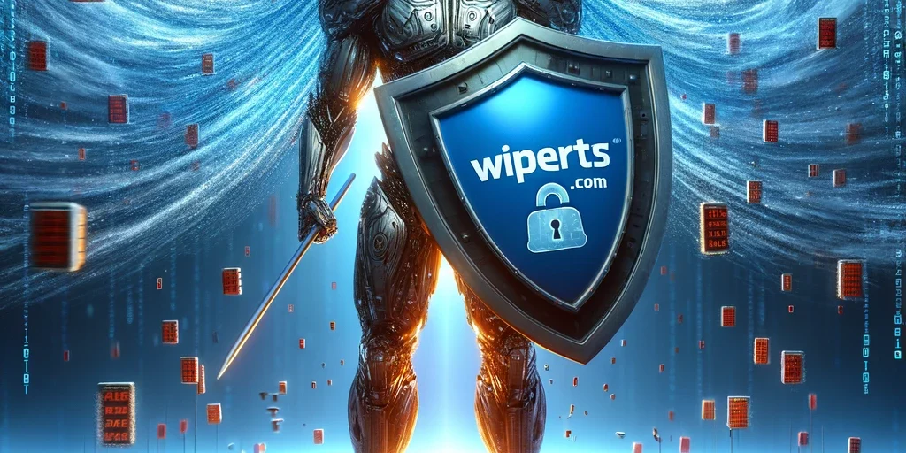 Guardian of the Digital Realm Wiperts.com in Action A digital guardian clad in armor stands with a shield bearing the Wiperts.com logo, repelling a barrage of binary code in a vibrant cyberspace.