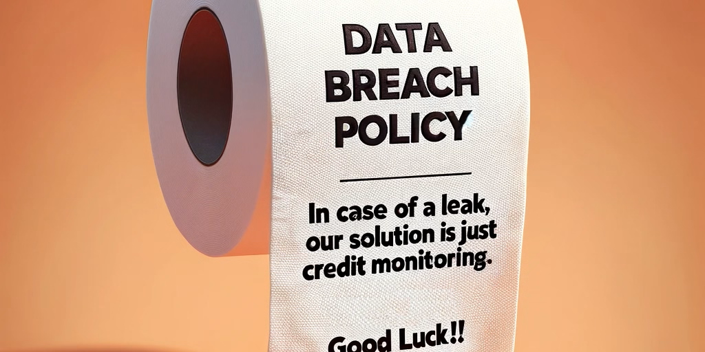 A roll of toilet paper stands upright with the words "DATA BREACH POLICY" printed on it. Below, a satirical message reads, "In case of a leak, our solution is just credit monitoring. Good luck!