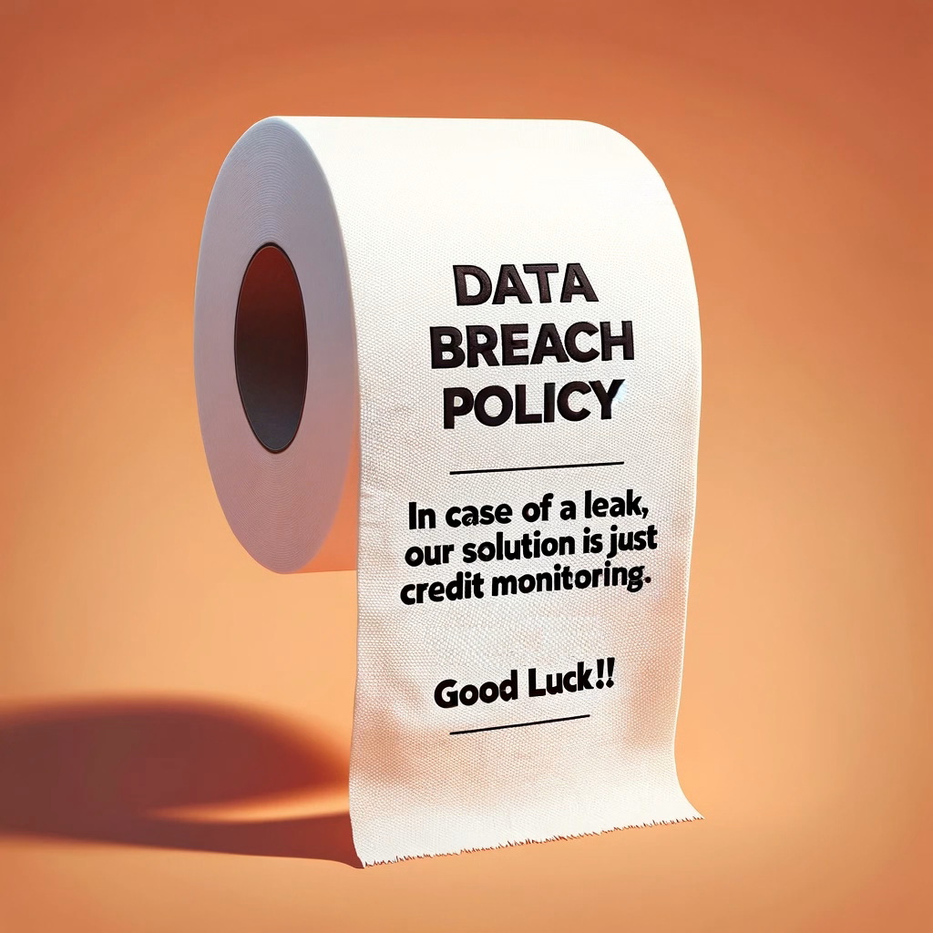 A roll of toilet paper stands upright with the words "DATA BREACH POLICY" printed on it. Below, a satirical message reads, "In case of a leak, our solution is just credit monitoring. Good luck!
