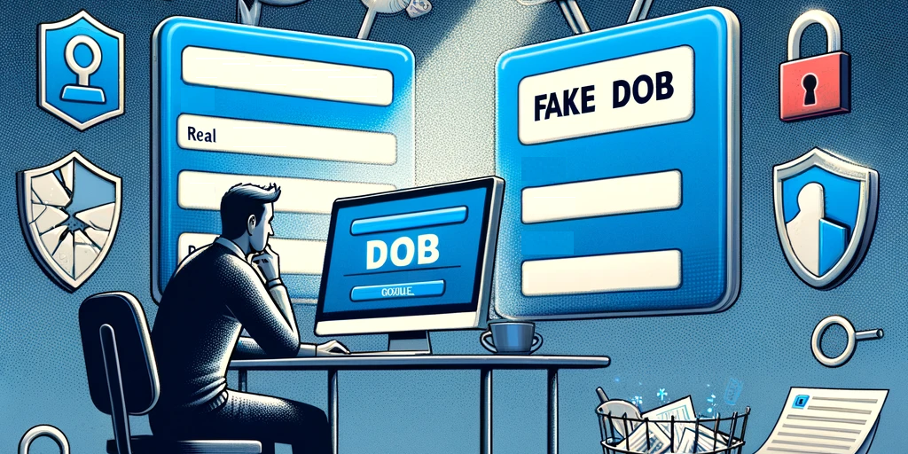 A person contemplating whether to enter a real or fake DOB on a website, with symbols of online security and data breaches in the background. Caption: Weighing the decision to protect personal data in the digital world.