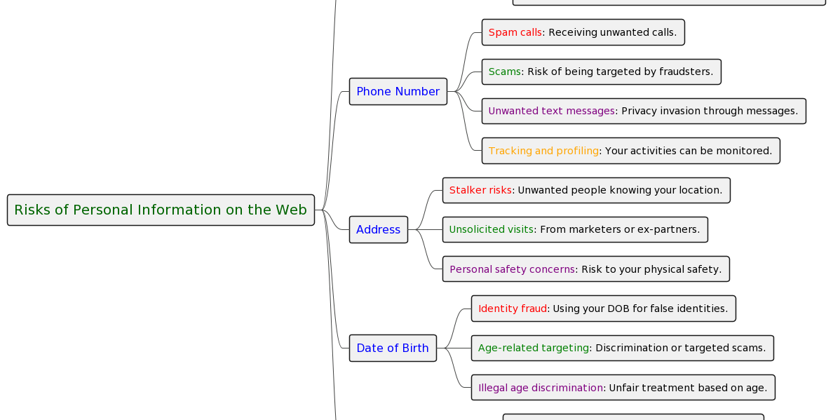 Risks of Personal Information on the Web Colorful mindmap diagram depicting the various risks associated with public personal information.