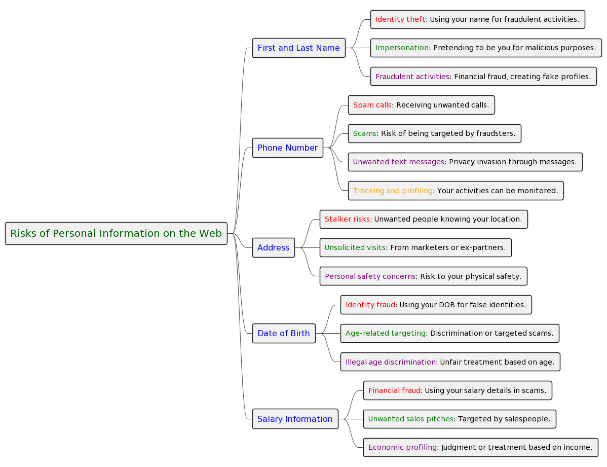 Colorful mindmap diagram depicting the various risks associated with public personal information.