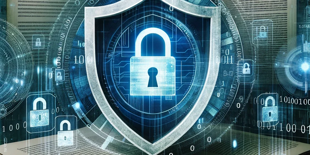 An abstract image showcasing elements of data breach response, including a shield for protection, binary code, legal documents, and a security lock.