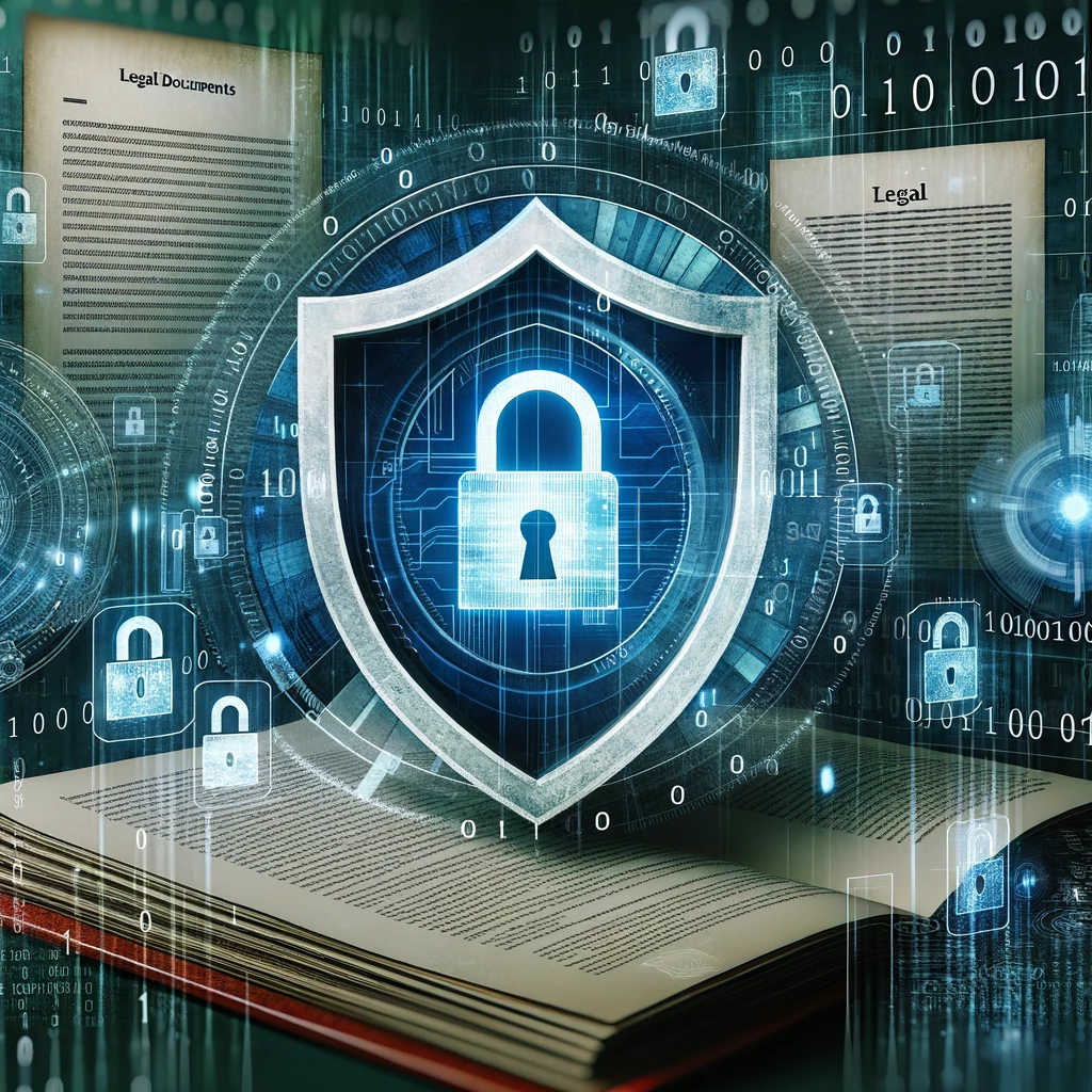 An abstract image showcasing elements of data breach response, including a shield for protection, binary code, legal documents, and a security lock.