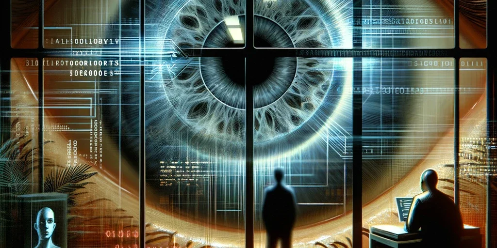An artistic representation of a giant eye on digital screens, overlooking a silhouette of a person with binary code, symbolizing the omnipresence of surveillance in the digital age.