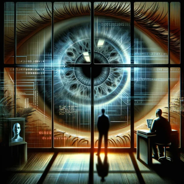 An artistic representation of a giant eye on digital screens, overlooking a silhouette of a person with binary code, symbolizing the omnipresence of surveillance in the digital age.