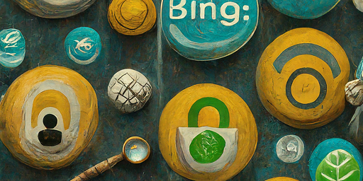An artistic representation of various internet search engine logos, including 'at' symbols, lock icons, leaves, magnifying glasses, and other elements, painted in a colorful, textured style. A figure in the bottom left corner appears to be inspecting or interacting with these icons.
