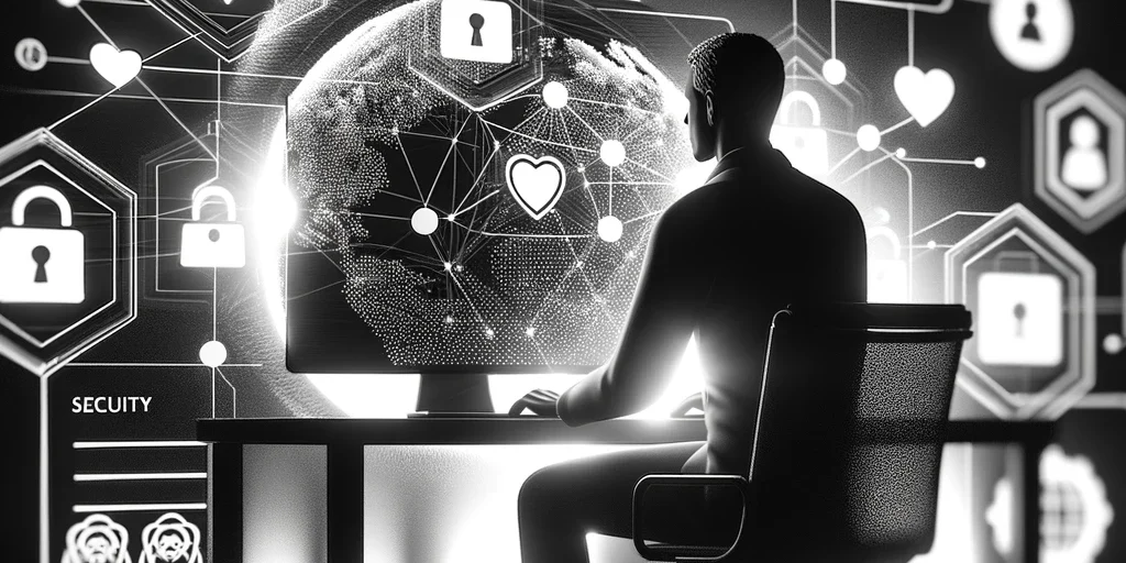 Empowerment Through Privacy A person sitting at a computer, adjusting their social media privacy settings, surrounded by symbols of security and digital footprint management, in a black and white, glossy image.