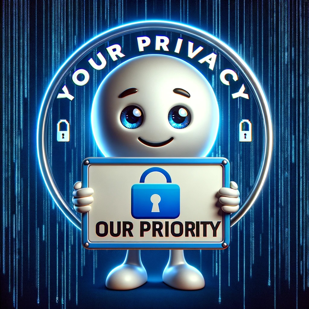 A welcoming mascot holding a sign with the straight-lined text "YOUR PRIVACY, OUR PRIORITY" above a padlock symbol, against a binary code background.