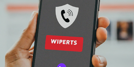 Wiperts.com Erase and Protect Your Personal Information Hand holding a smartphone with the Wiperts app interface prominently displayed, featuring a security shield icon and the Wiperts logo.