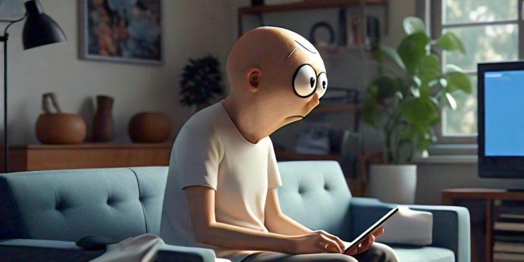 An animated character with an exaggeratedly large, bald head and glasses sits on a couch, holding a tablet with a focused expression. In a realistically rendered living room.