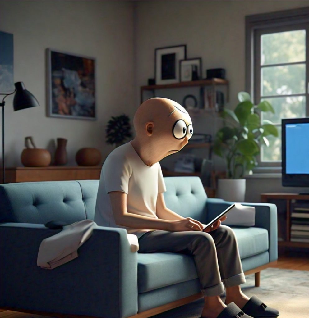 An animated character with an exaggeratedly large, bald head and glasses sits on a couch, holding a tablet with a focused expression. In a realistically rendered living room.