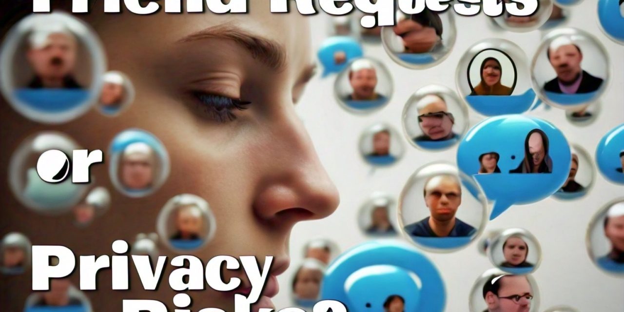 Numerous profile bubbles and chat icons float around a woman's face, questioning the trade-off between social connections and privacy risks.