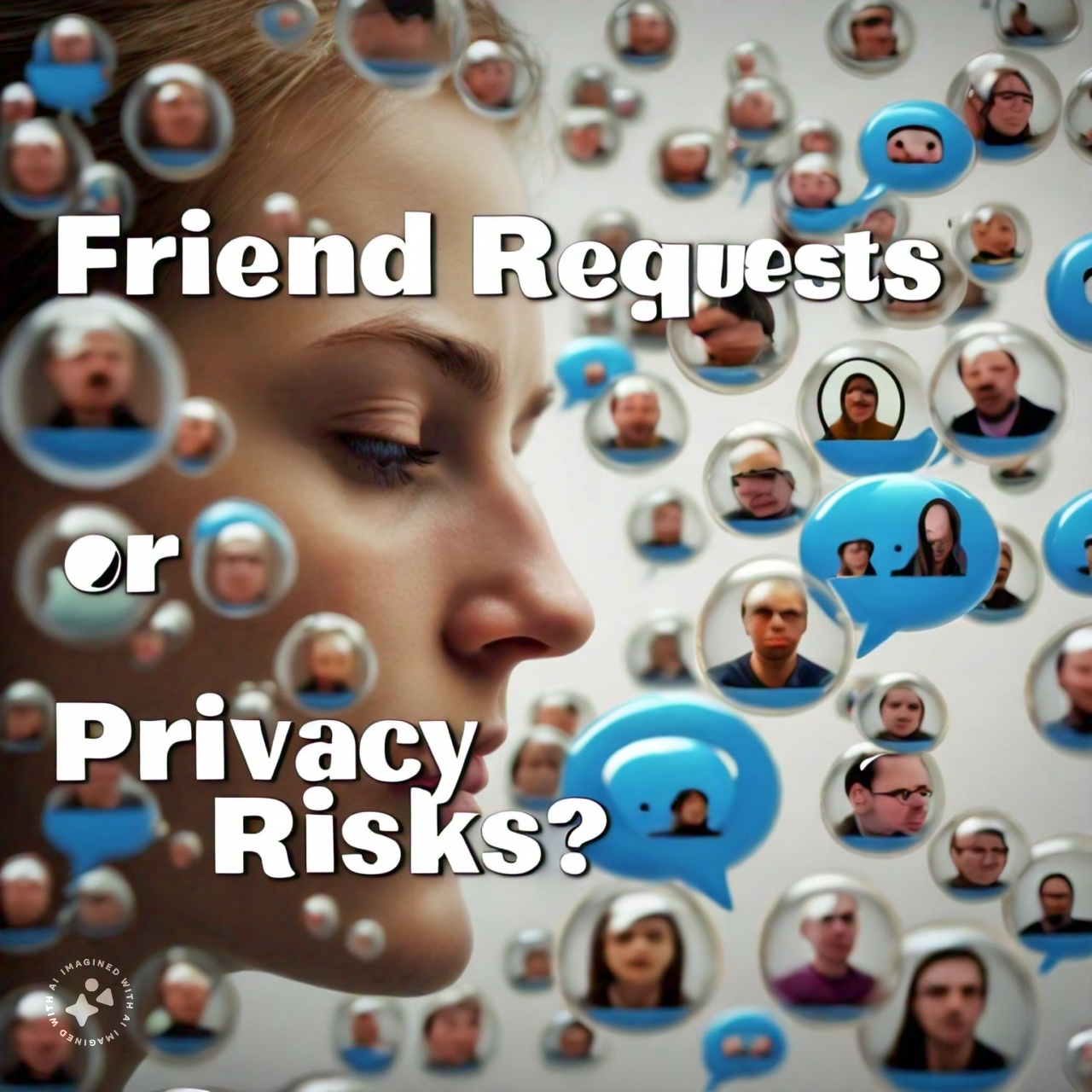 Friend Requests or Privacy Risks Numerous profile bubbles and chat icons float around a woman's face, questioning the trade-off between social connections and privacy risks.