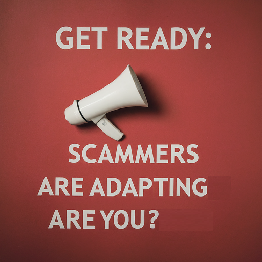 A megaphone against a red background with a cautionary message about scammers adapting to new technologies.