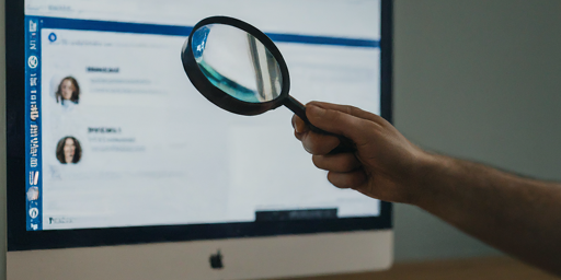 Magnifying glass revealing personal information on social media profile.